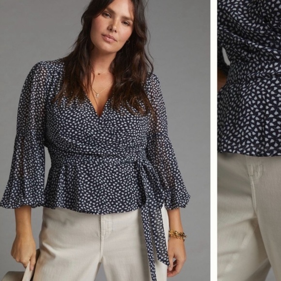 NWT Anthropologie Porridge Puff-Sleeved Black and White Wrap Blouse - Picture 3 of 4